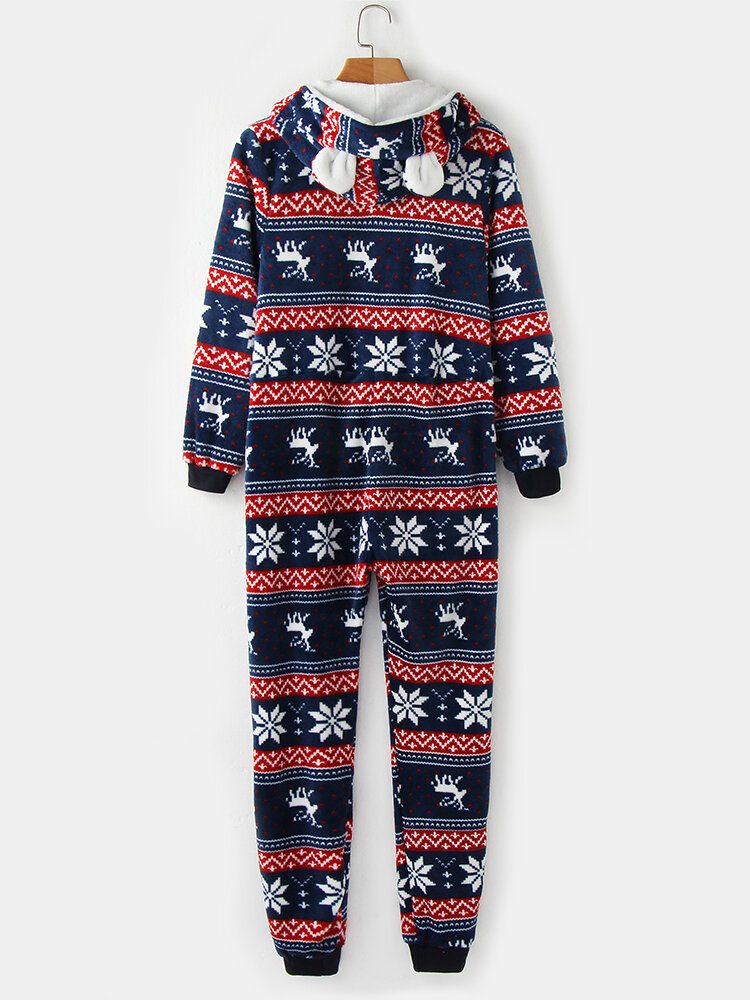 Pluss Størrelse Dame Jul Snøfnugg Elg Mønster Glidelås Foran Øre Design Flanell Hette Onesies Med Lomme