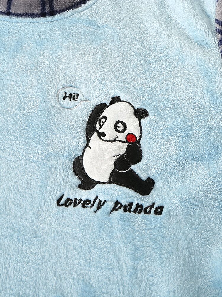 Søt Panda Brevbroderi Rutenettsøm For Menn O-hals Flanell Varme Pyjamassett