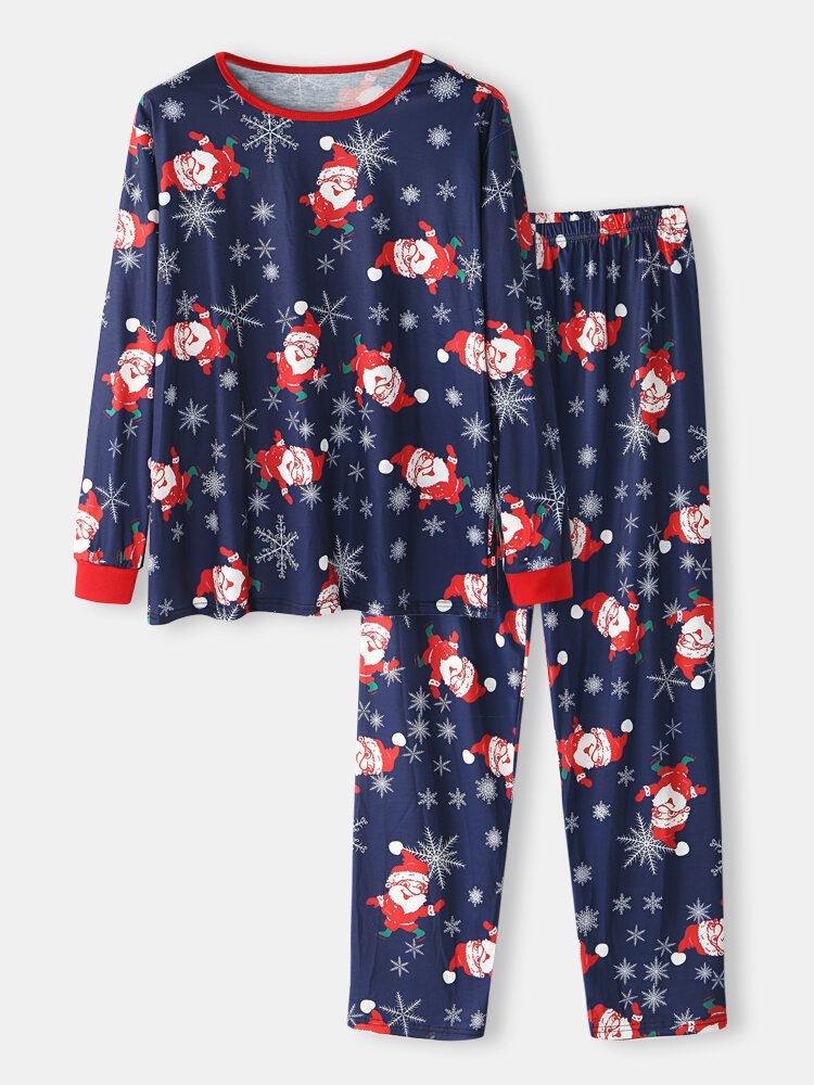 Tegneserie Julenisse-trykk For Menn Med O-hals Løse Bukser Comfy Home Pyjamassett