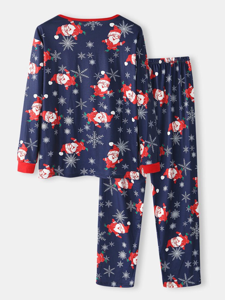 Tegneserie Julenisse-trykk For Menn Med O-hals Løse Bukser Comfy Home Pyjamassett