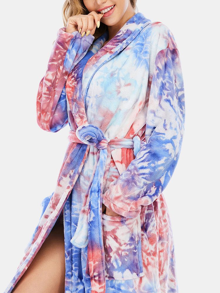 Tie Dye Dame Flanell Langermet Dobbel Pocket Hjem Nattøy Badekåper