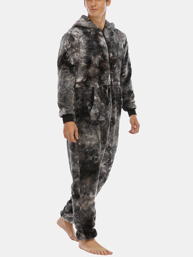 Tie Dye For Menn Varm Fleece Plysj Hette Jumpsuit One Piece Home Nattøy