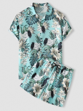 Tropical Plant Print Button Up Holiday Two Piece Outfits