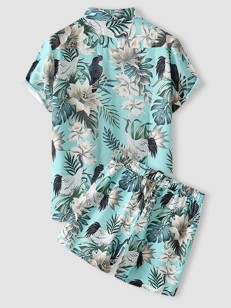 Tropical Plant Print Button Up Holiday Two Piece Outfits