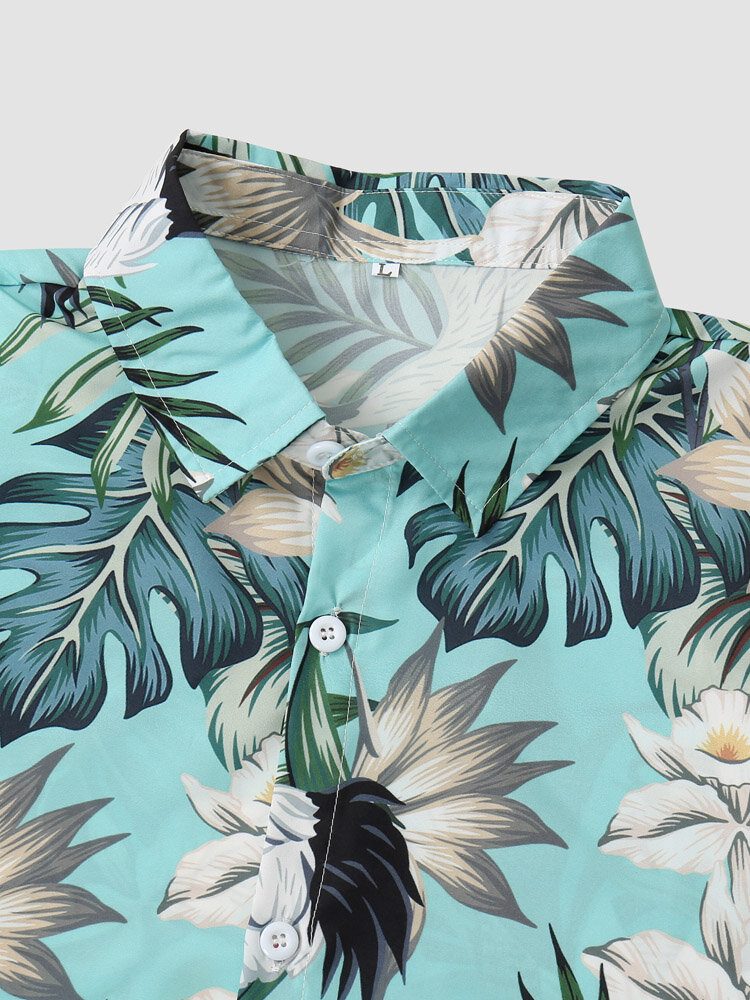 Tropical Plant Print Button Up Holiday Two Piece Outfits