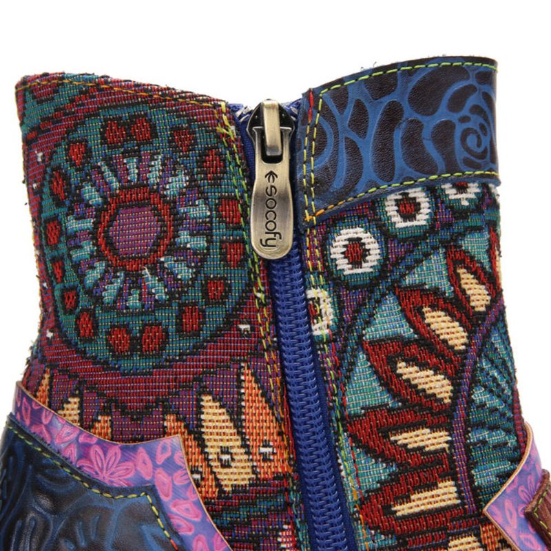 Bohemian Printed Leather Patchwork Sideglidelås Myk Behagelig Tykk Ankelstøvler