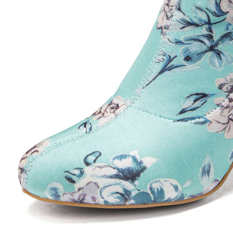 Dame Komfortabel Stilig Broderte Blomster Klut Elastisk Slip On Chunky Heel Short Støvler