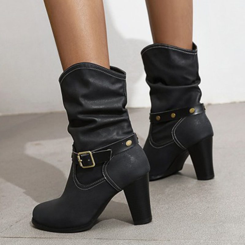 Dame Metal Spenne Stropp Dekor Ensfarget Chunky Heel Mid-calf Motorsykkelstøvler