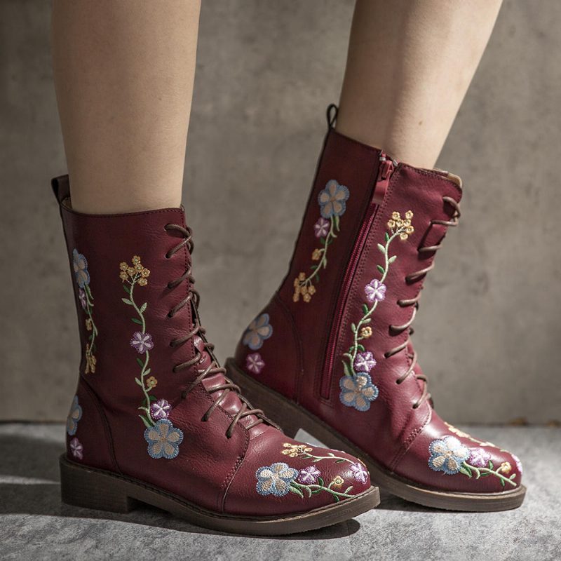 Dame Retro Flower Printing Mid Calf Støvler