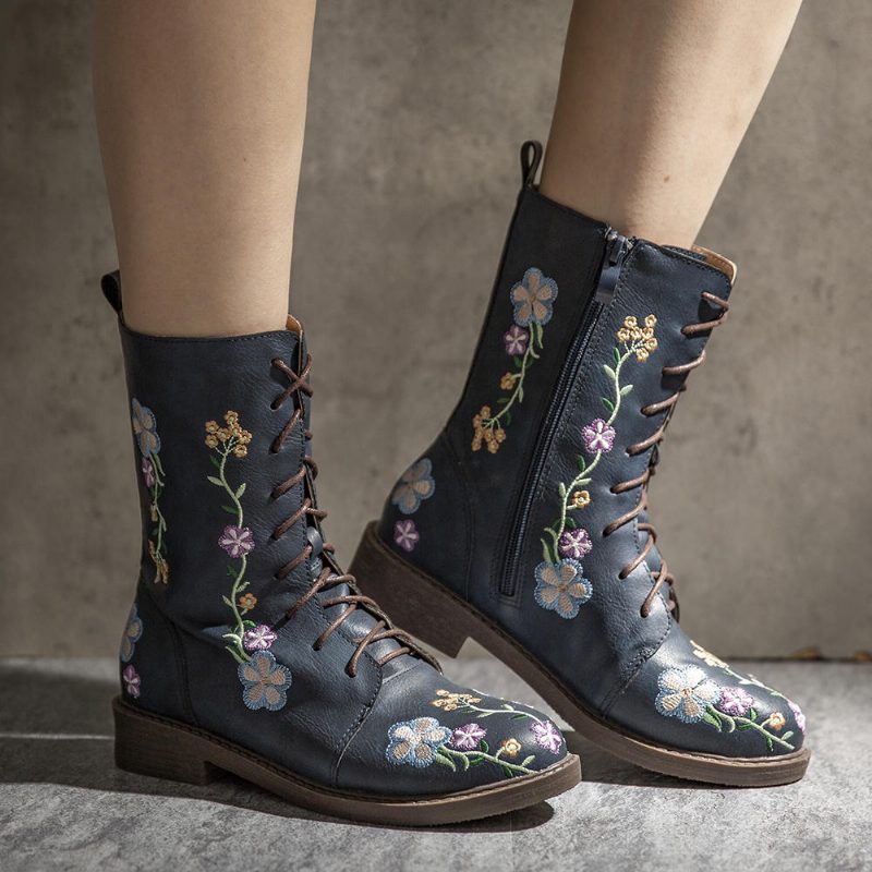 Dame Retro Flower Printing Mid Calf Støvler