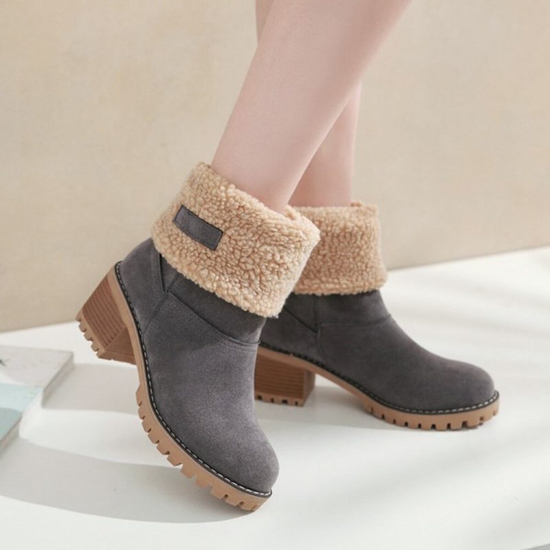 Dame Semsket Warm Lining Folding Platform Chunky Heel Short Støvler