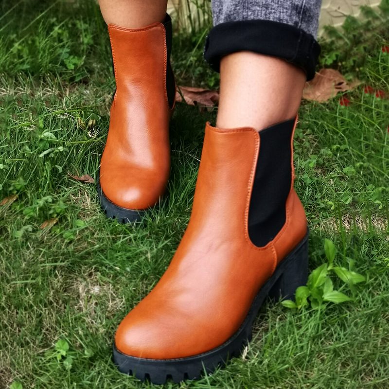 Kvinner Casual Slip On Rund Toe Platform Chunky Hæl Ankelstøvler