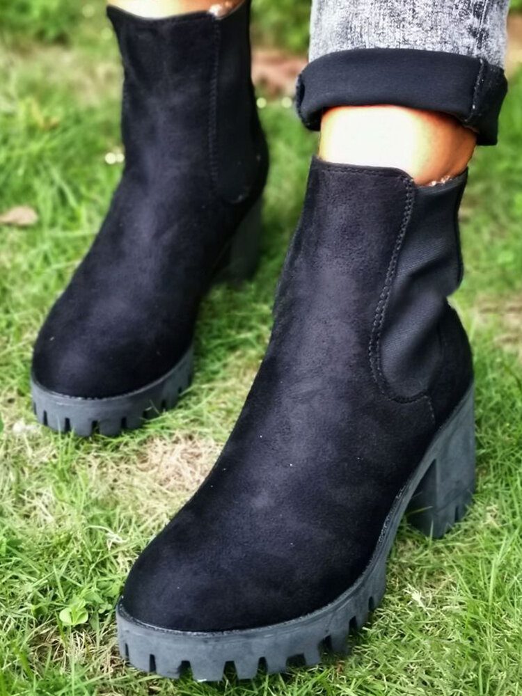 Kvinner Casual Slip On Rund Toe Platform Chunky Hæl Ankelstøvler