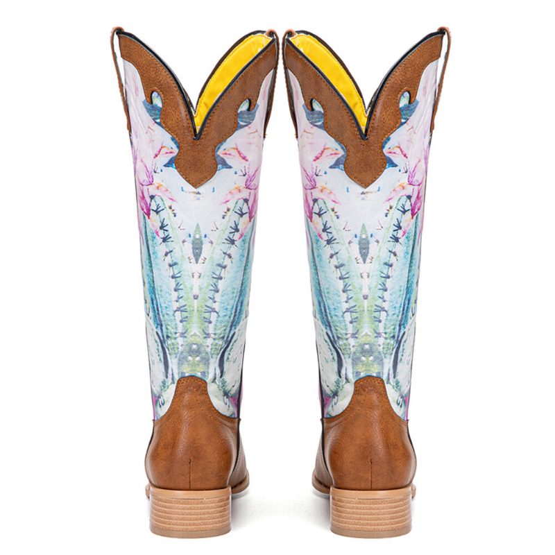 Kvinner Retro Blomstertrykk Firkantet Toe Slip-on Cowboy Støvler