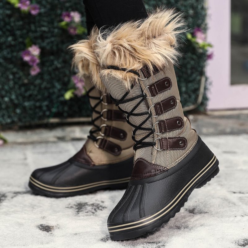 Kvinner Solid Furry Varm Sklibestandig Cross Strap Mid Calf Snow Støvler