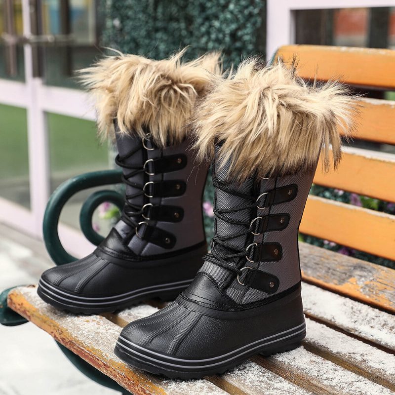 Kvinner Solid Furry Varm Sklibestandig Cross Strap Mid Calf Snow Støvler