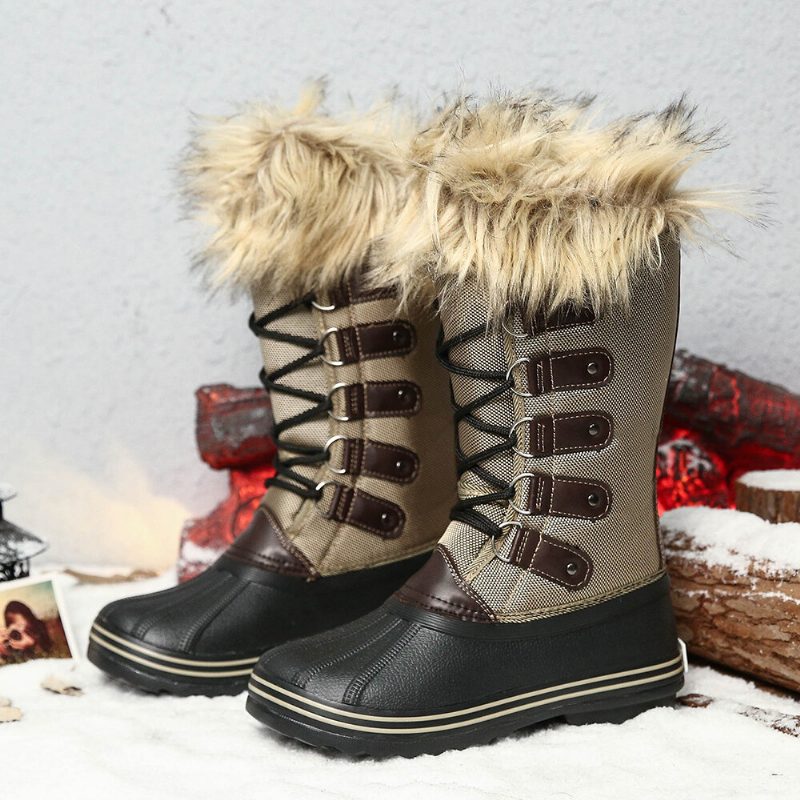 Kvinner Solid Furry Varm Sklibestandig Cross Strap Mid Calf Snow Støvler