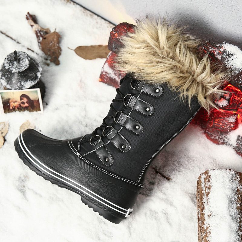 Kvinner Solid Furry Varm Sklibestandig Cross Strap Mid Calf Snow Støvler