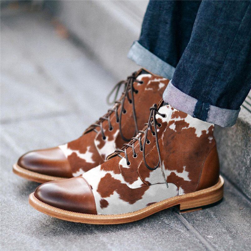 Menn Cow Spot Printed Cap Toe Comfy Ankel Jack Støvler