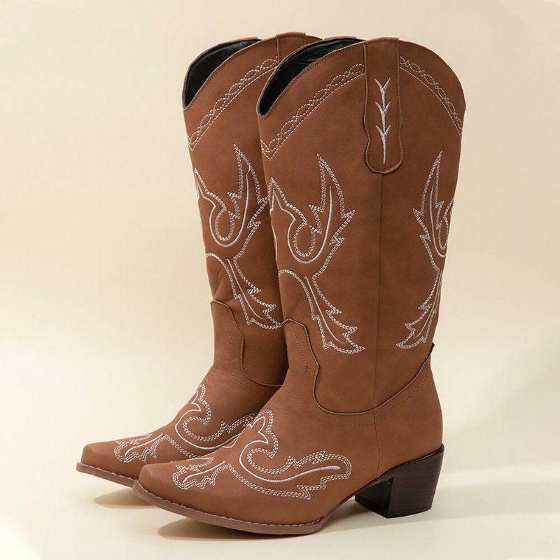 Pluss Størrelse Dame Retro Brodert Chunky Heel Mid Calf Cowboy Støvler