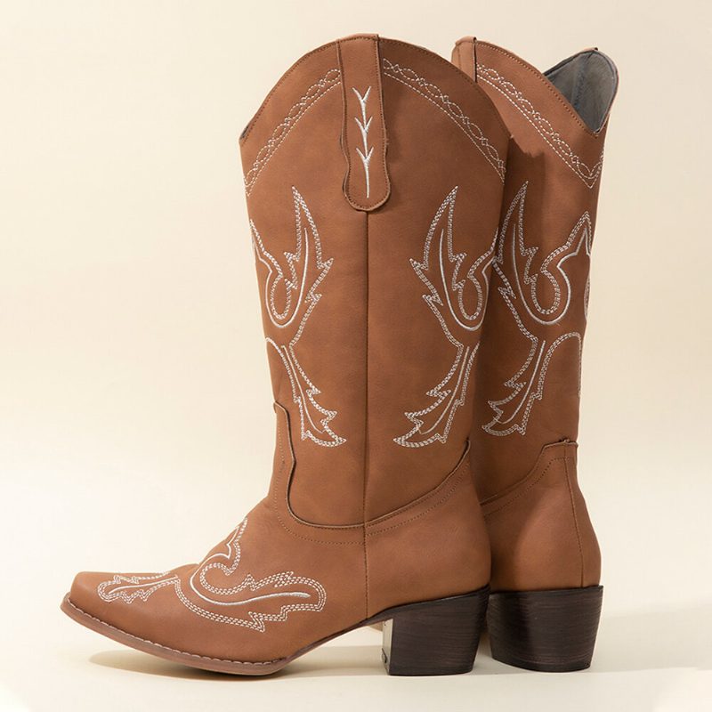 Pluss Størrelse Dame Retro Brodert Chunky Heel Mid Calf Cowboy Støvler