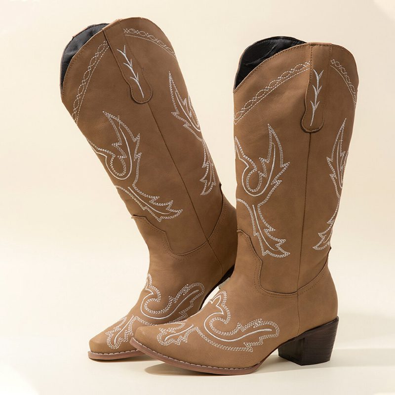 Pluss Størrelse Dame Retro Brodert Chunky Heel Mid Calf Cowboy Støvler