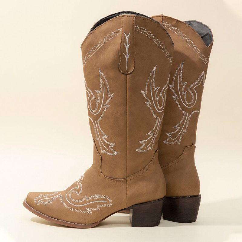 Pluss Størrelse Dame Retro Brodert Chunky Heel Mid Calf Cowboy Støvler