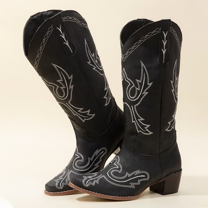 Pluss Størrelse Dame Retro Brodert Chunky Heel Mid Calf Cowboy Støvler