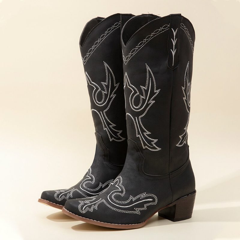 Pluss Størrelse Dame Retro Brodert Chunky Heel Mid Calf Cowboy Støvler