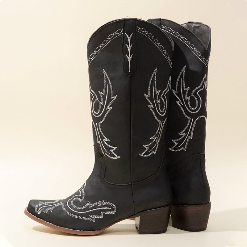 Pluss Størrelse Dame Retro Brodert Chunky Heel Mid Calf Cowboy Støvler