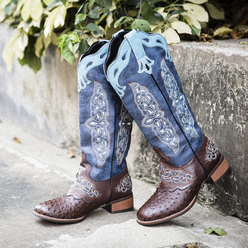 Pluss Størrelse Dame Retro Floral Brodert Mid Calf Cowboy Støvler