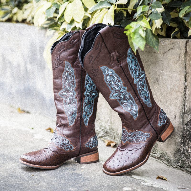 Pluss Størrelse Dame Retro Floral Brodert Mid Calf Cowboy Støvler