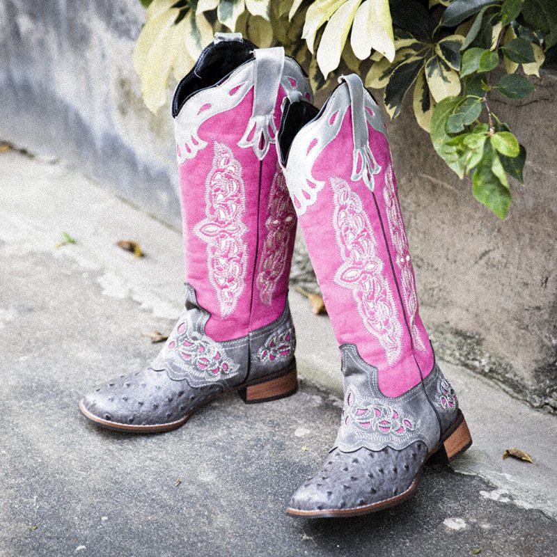 Pluss Størrelse Dame Retro Floral Brodert Mid Calf Cowboy Støvler