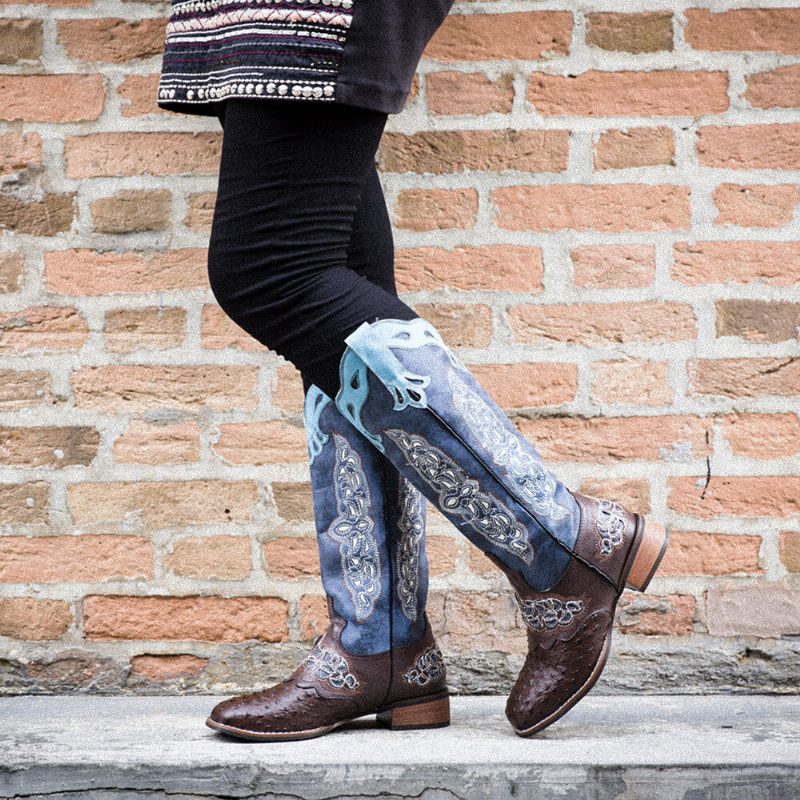 Pluss Størrelse Dame Retro Floral Brodert Mid Calf Cowboy Støvler