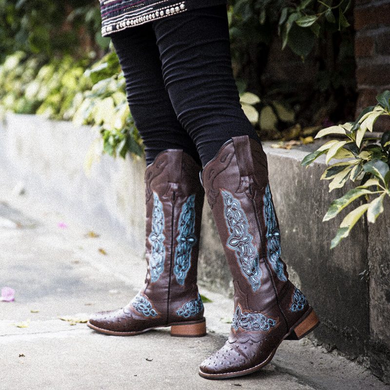 Pluss Størrelse Dame Retro Floral Brodert Mid Calf Cowboy Støvler