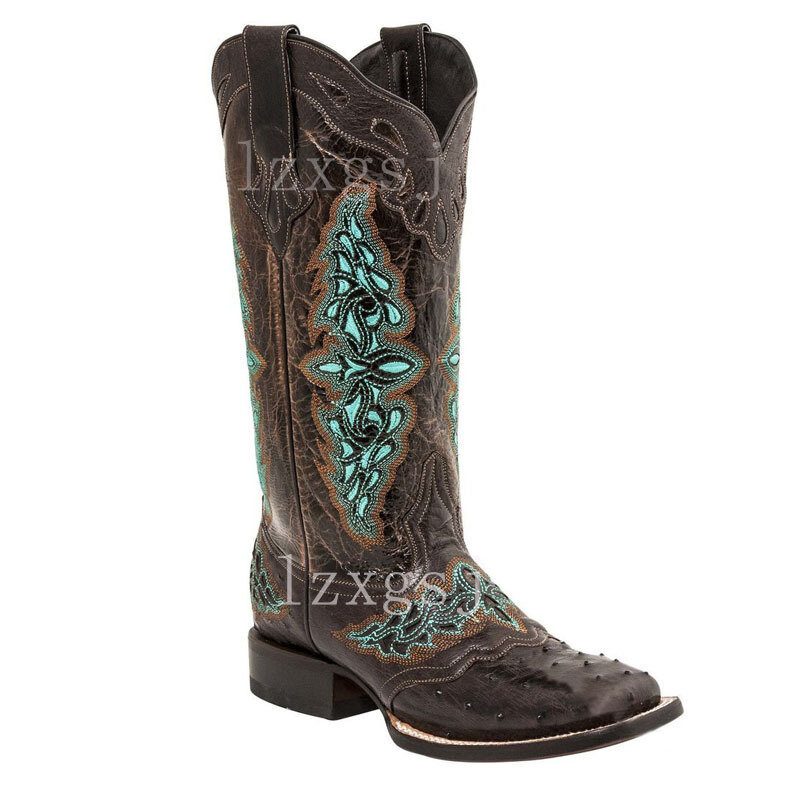 Pluss Størrelse Dame Retro Floral Brodert Mid Calf Cowboy Støvler