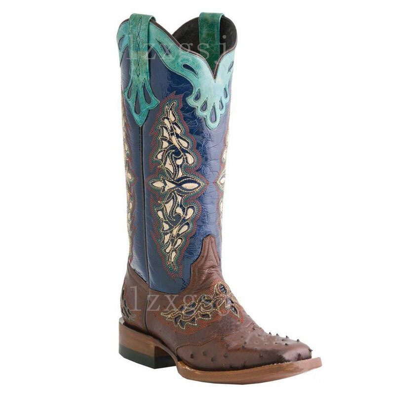 Pluss Størrelse Dame Retro Floral Brodert Mid Calf Cowboy Støvler