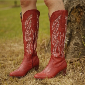 Pluss Størrelse Dame Retro Rød Spiss Tå Brodert Chunky Heel Glidelås Cowboy Støvler