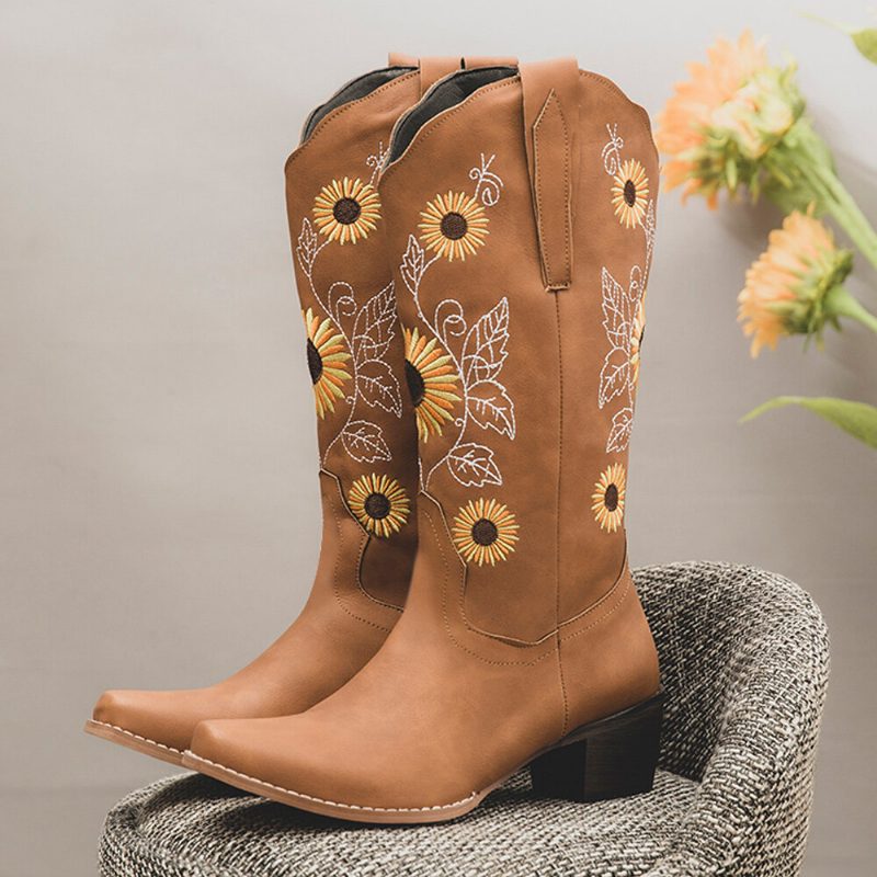 Pluss Størrelse Dame Retro Solsikke Brodert Chunky Heel Mid Calf Cowboy Støvler