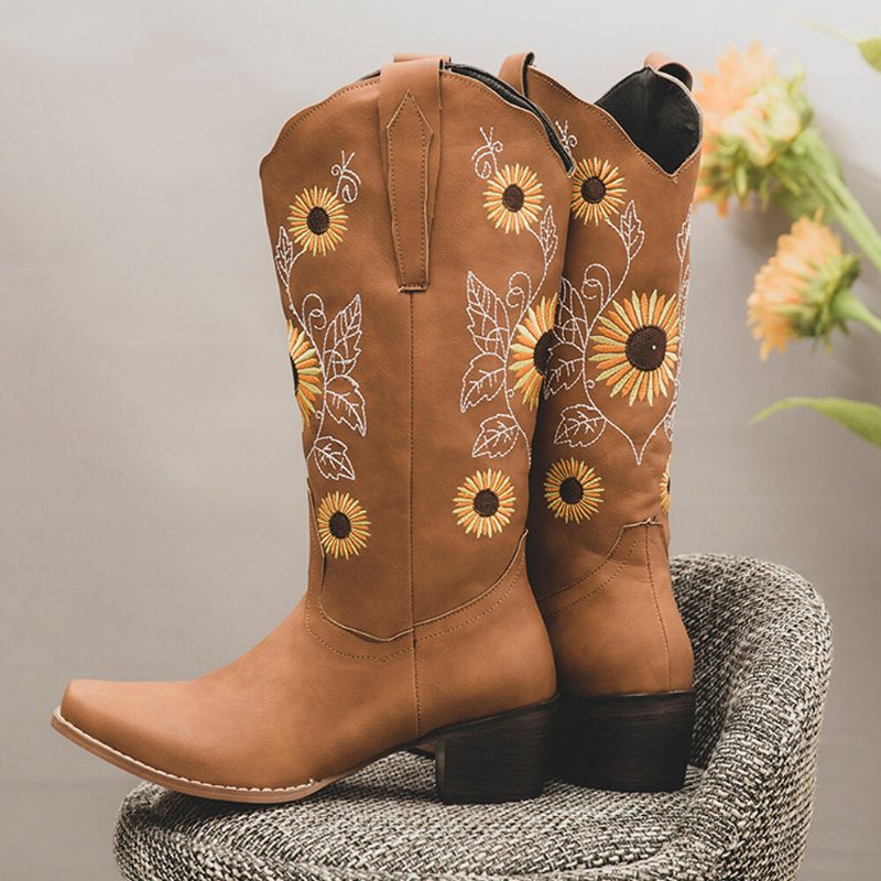 Pluss Størrelse Dame Retro Solsikke Brodert Chunky Heel Mid Calf Cowboy Støvler