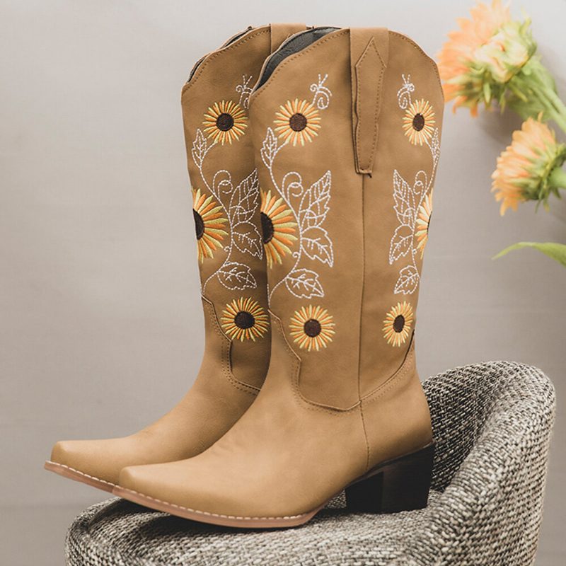 Pluss Størrelse Dame Retro Solsikke Brodert Chunky Heel Mid Calf Cowboy Støvler