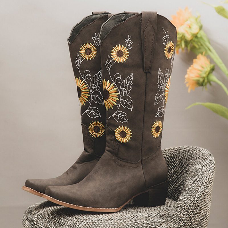 Pluss Størrelse Dame Retro Solsikke Brodert Chunky Heel Mid Calf Cowboy Støvler