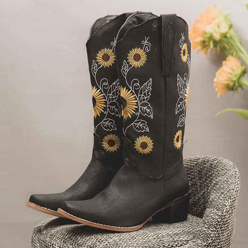 Pluss Størrelse Dame Retro Solsikke Brodert Chunky Heel Mid Calf Cowboy Støvler