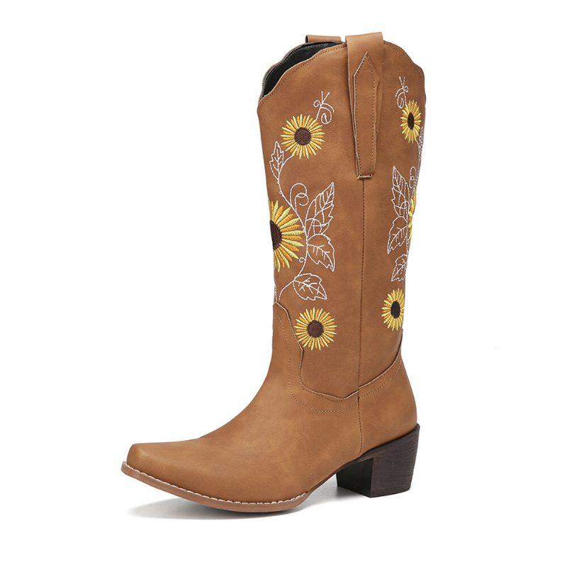 Pluss Størrelse Dame Retro Solsikke Brodert Chunky Heel Mid Calf Cowboy Støvler