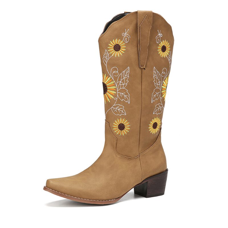 Pluss Størrelse Dame Retro Solsikke Brodert Chunky Heel Mid Calf Cowboy Støvler