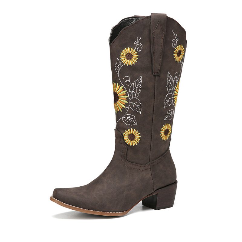 Pluss Størrelse Dame Retro Solsikke Brodert Chunky Heel Mid Calf Cowboy Støvler