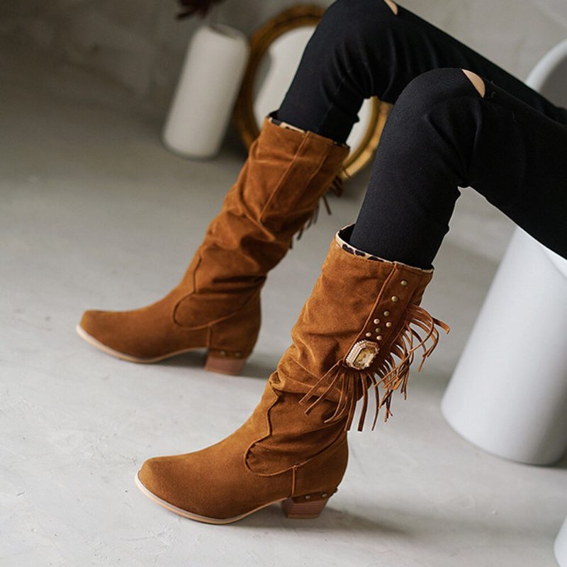 Pluss Størrelse Dame Semsket Dusk Chunky Heel Mid Calf Støvler