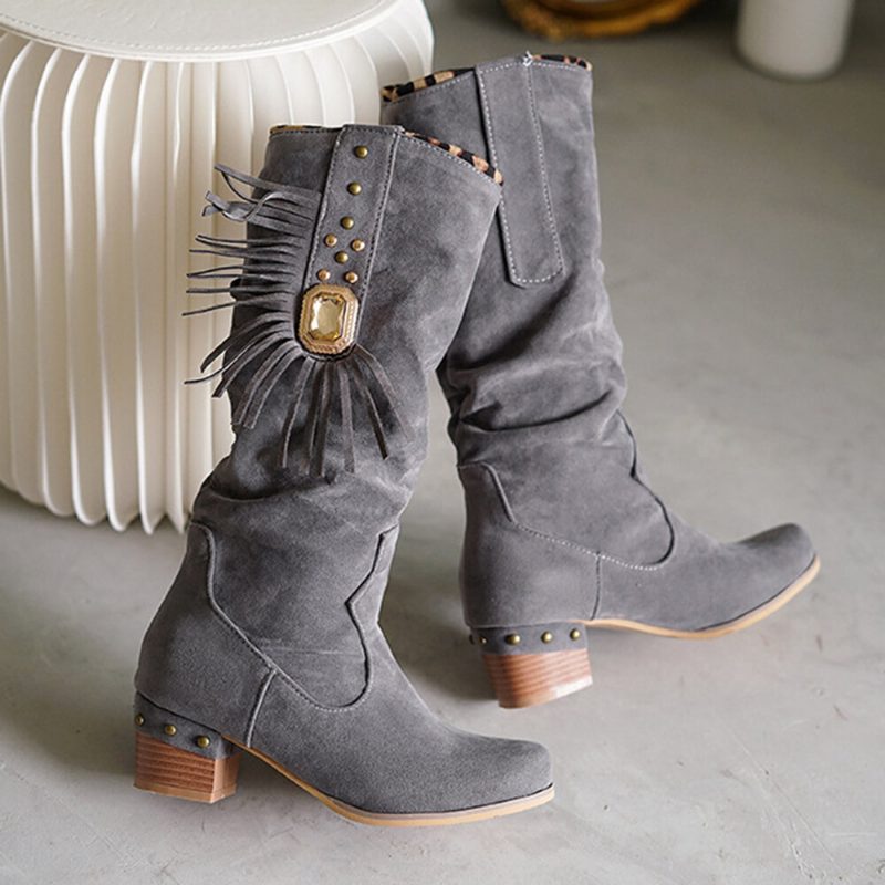 Pluss Størrelse Dame Semsket Dusk Chunky Heel Mid Calf Støvler