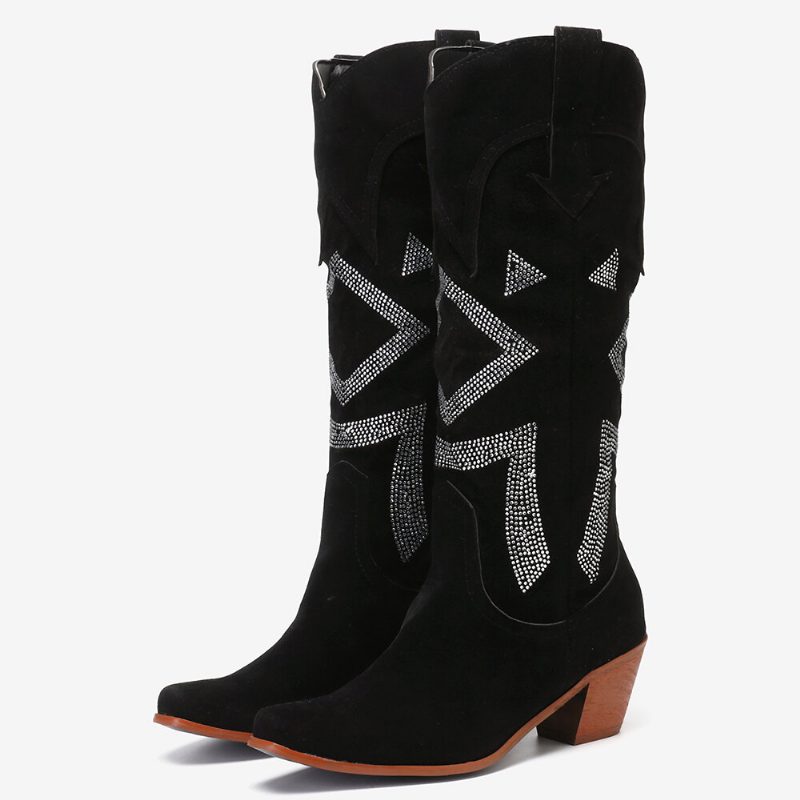 Pluss Størrelse Dame Semsket Rhinestone Chunky Heel Knee Cowboystøvler