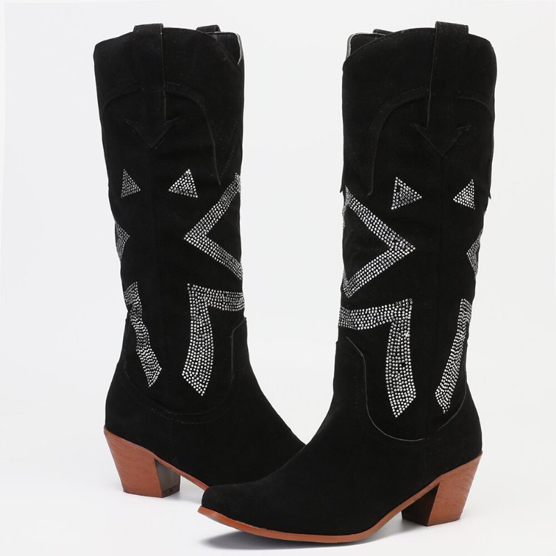 Pluss Størrelse Dame Semsket Rhinestone Chunky Heel Knee Cowboystøvler